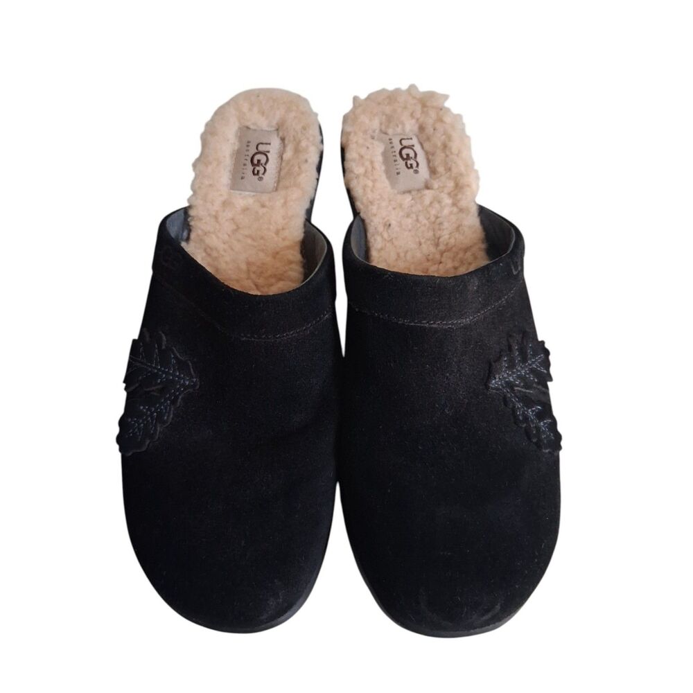 UGG Australia Willow Foliage Black Suede Shearling Clog Shoes 5496 Women's 10